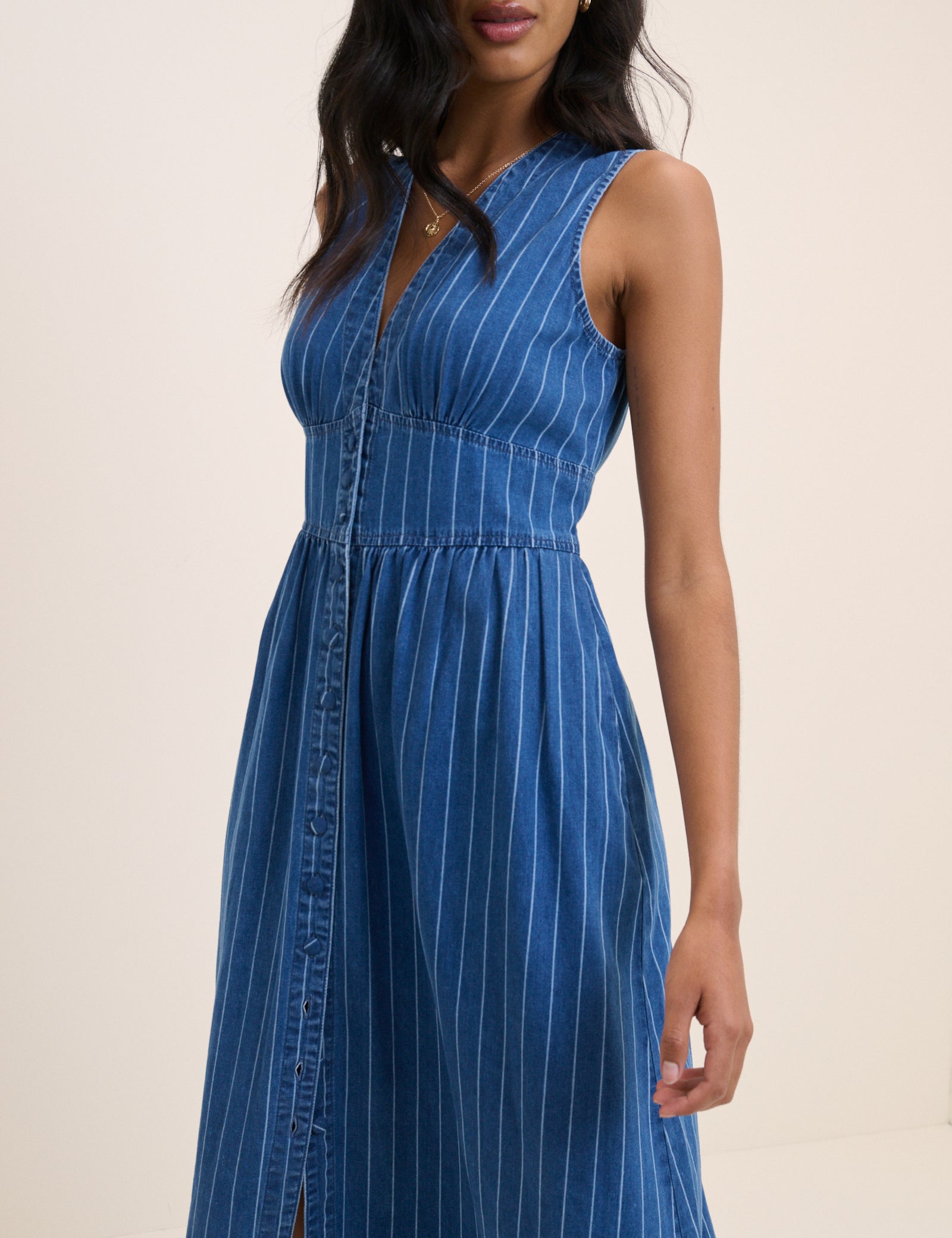 Blue Denim Sleeveless Pinstripe Starlight Midi Dress Blue Denim Sleeveless Pinstripe Starlight Midi Dress