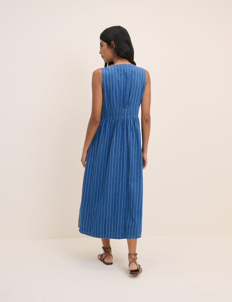 Blue Denim Pinstripe Sleeveless Midi Dress