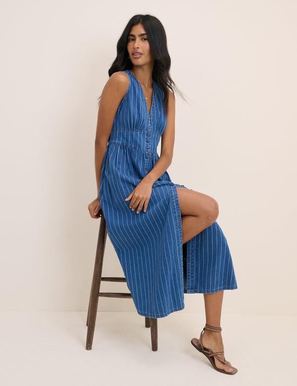 Blue Denim Sleeveless Pinstripe Starlight Midi Dress