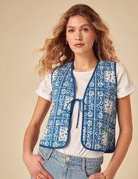 Blue Floral Print Quilted Gilet