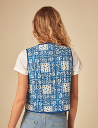 Blue Floral Print Quilted Gilet