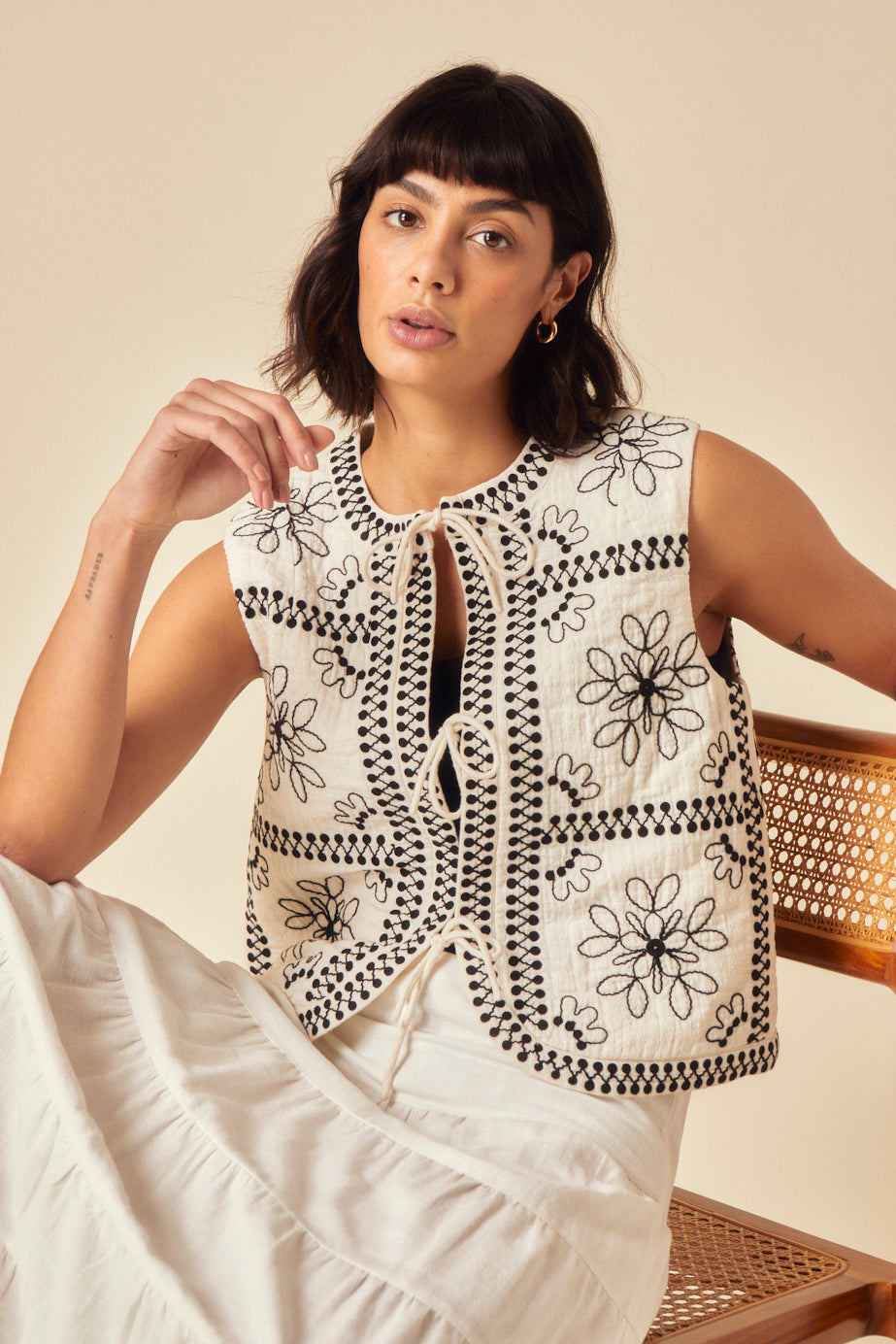 White Floral Embroidered Gilet