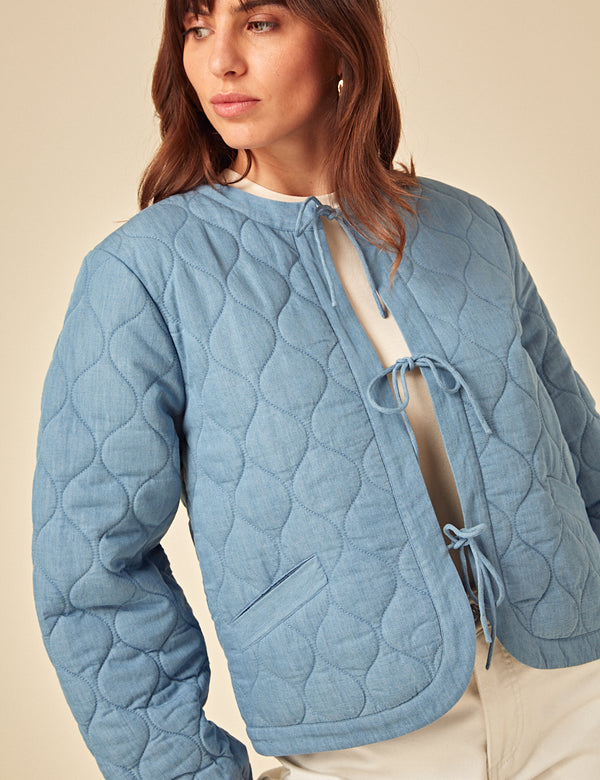 Blue Tie-Front Quilted Jacket