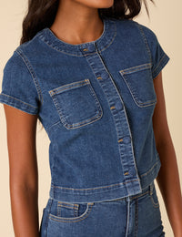 Mid-wash Denim Button Down Top
