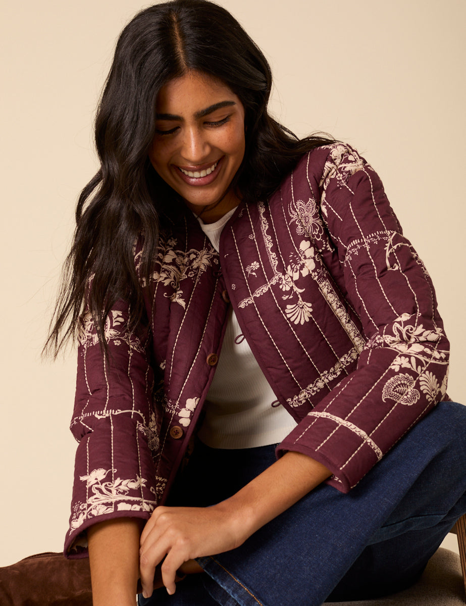 Burgundy Floral Reversible Quilted Jacket