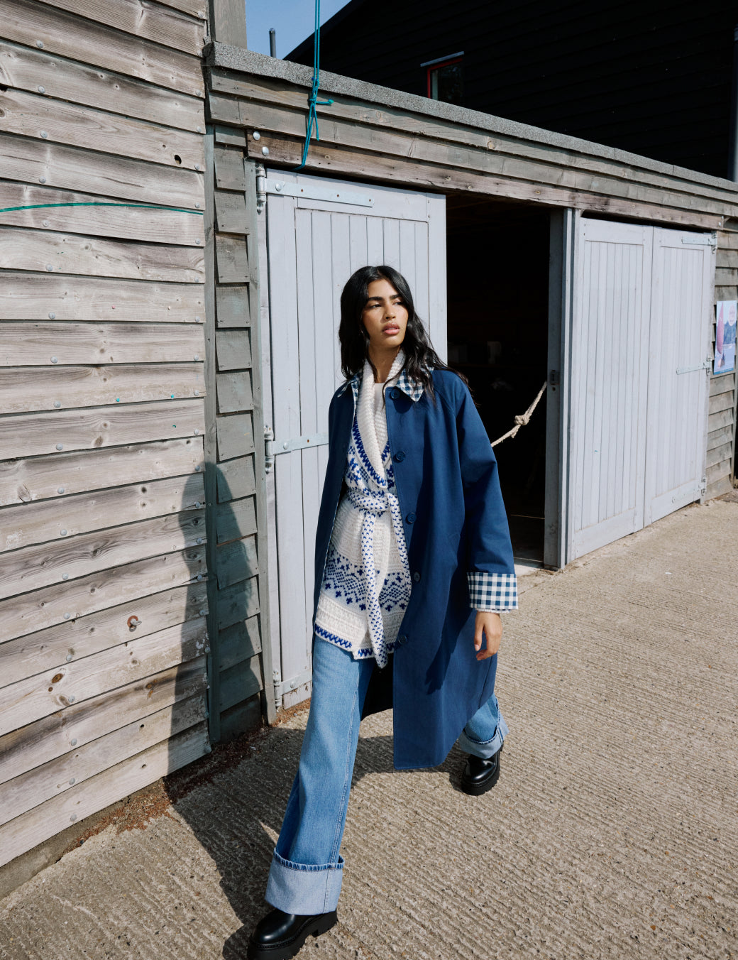 Navy Gingham Trim Trench Coat - Main Image