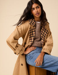 Camel Check Trim Trench Coat