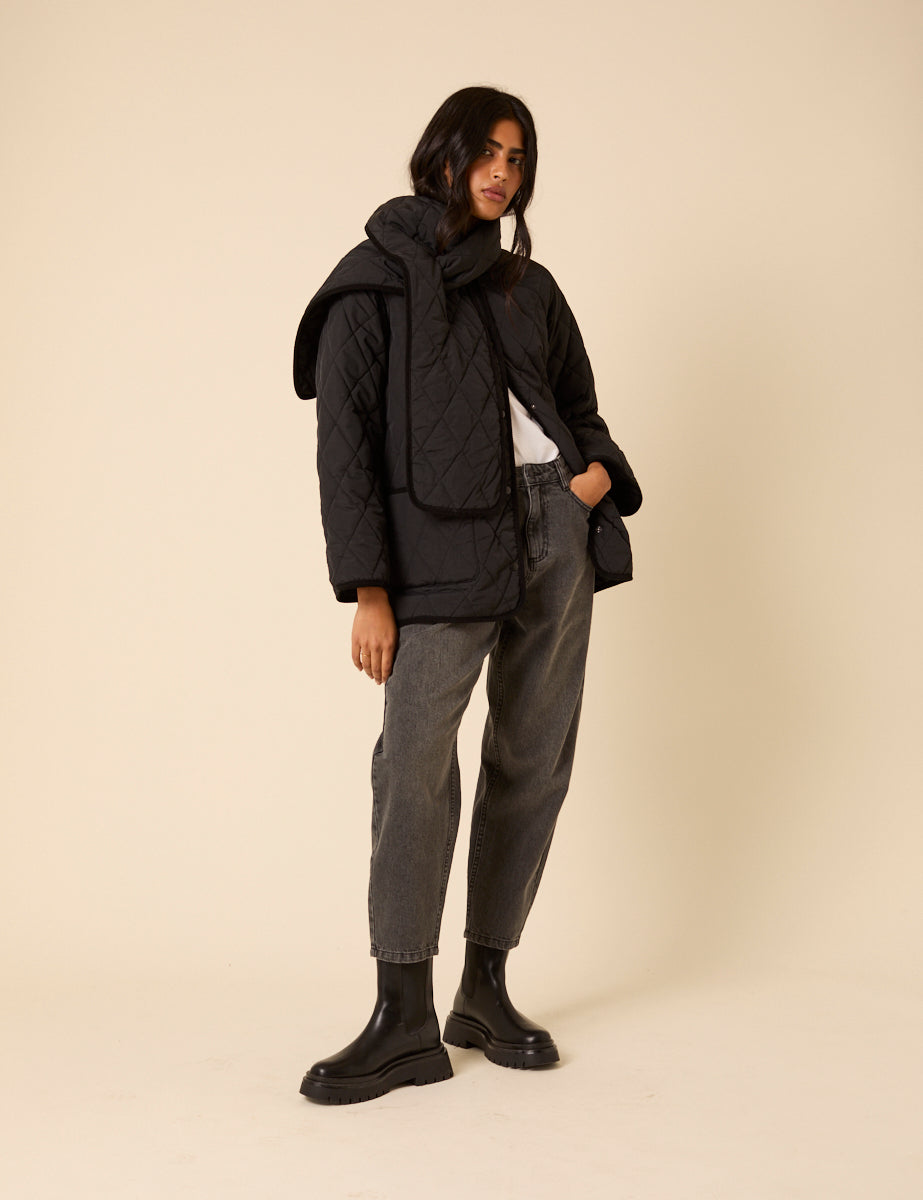Black Quilted Detachable Scarf Coat
