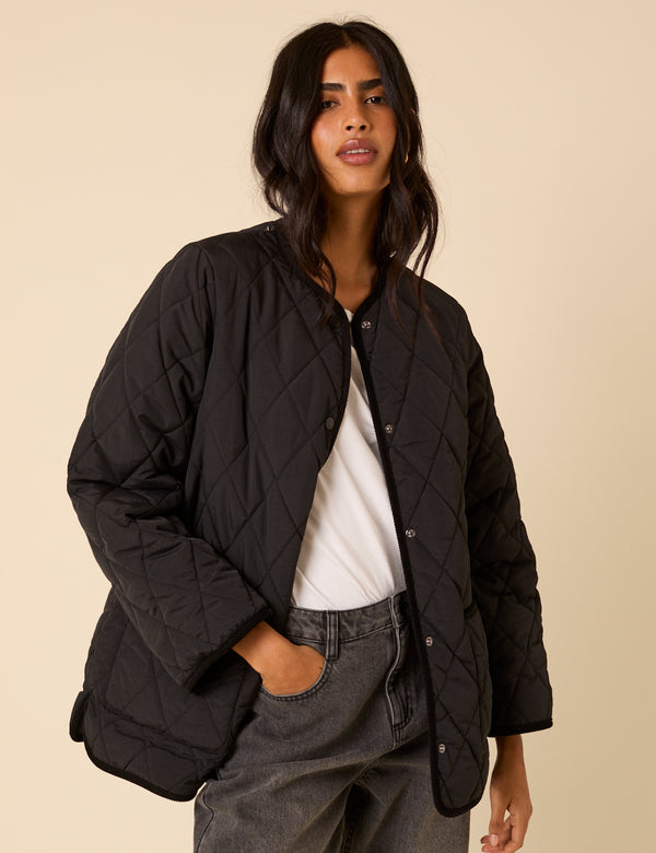 Black Quilted Detachable Scarf Coat