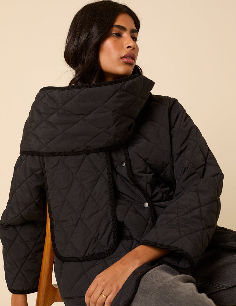 Black Quilted Detachable Scarf Coat