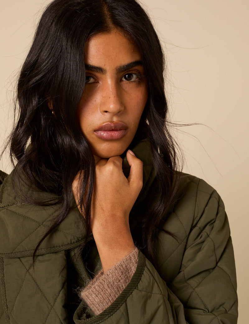 Khaki Quilted Detachable Scarf Coat