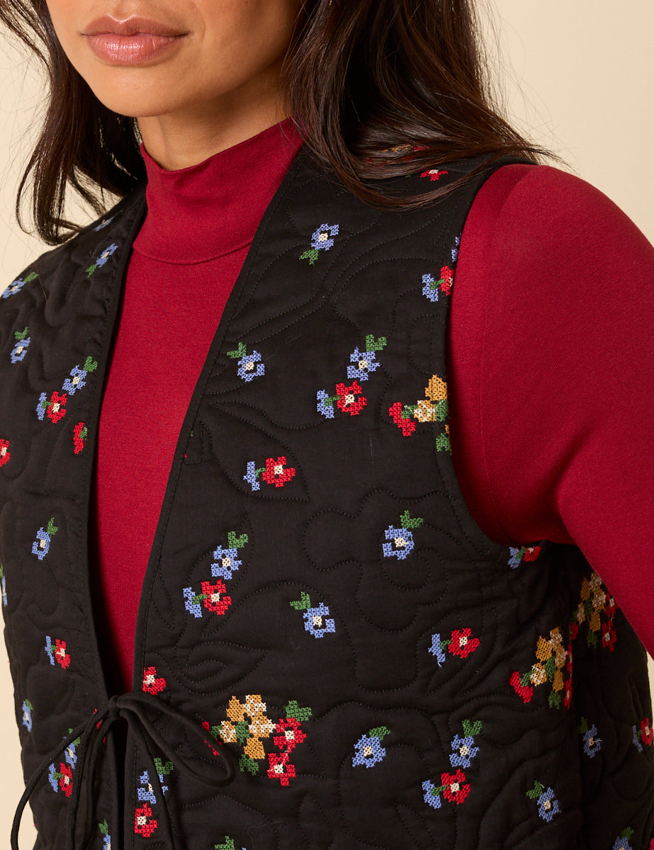 Black Floral Embroidered Waistcoat