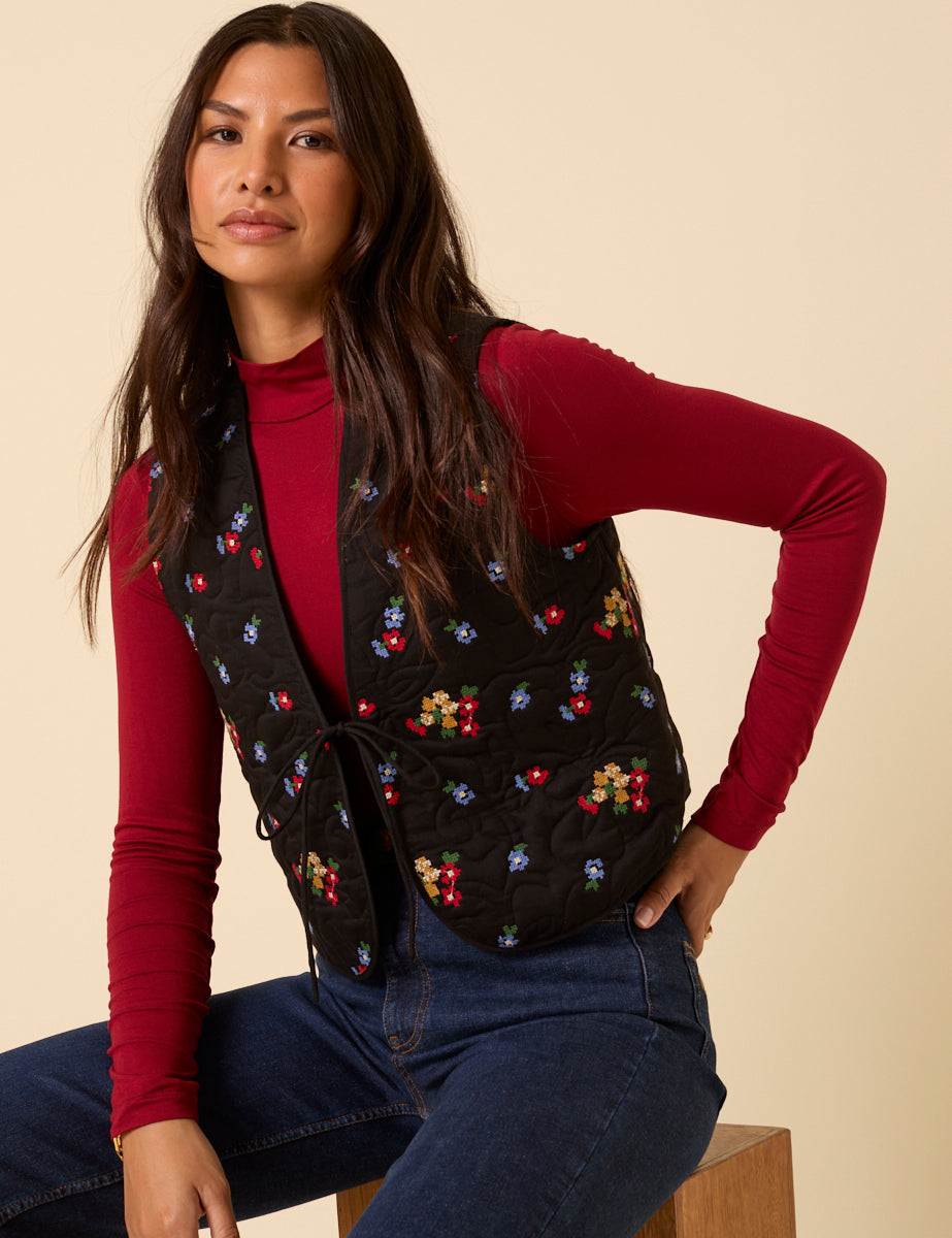 Black Floral Embroidered Waistcoat
