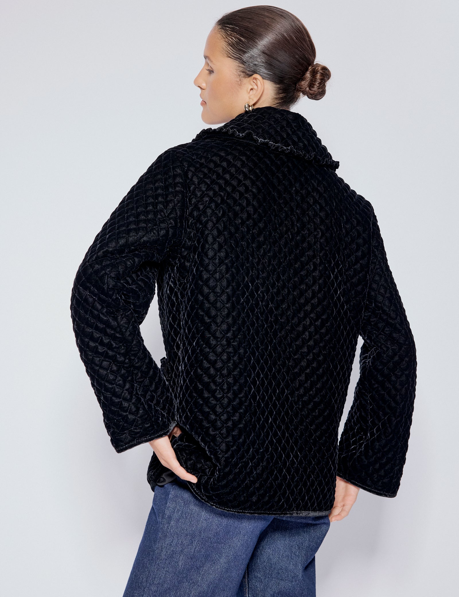 Black Velvet Quilted Collared Jacket