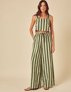 Green Linen-Blend Striped Trousers