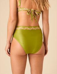Green Floral Trim High Waist Bikini Bottoms