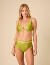 Green Floral Trim High Waist Bikini Bottoms