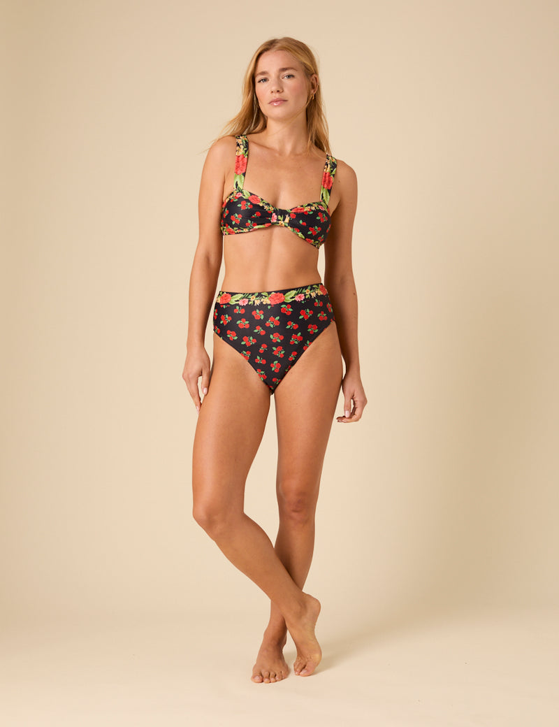 Black Floral Knot Front Bikini Top
