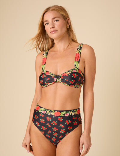 Black Floral Knot Front Bikini Top