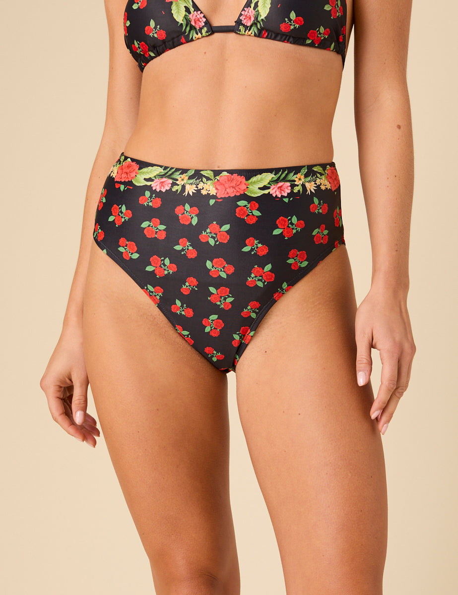 Black Floral Print High Waist Bikini Bottoms - Main Image