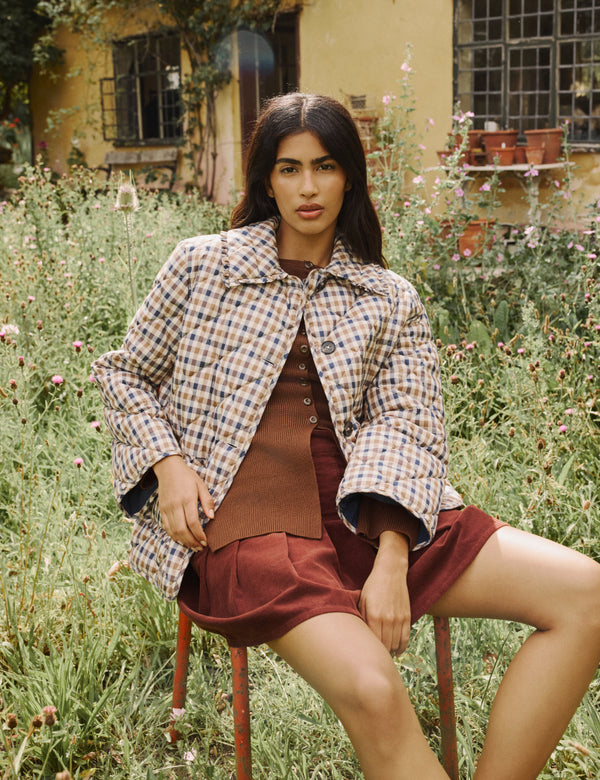 Brown Cord Pleated Mini Skirt