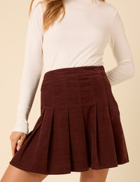 Brown Cord Pleated Mini Skirt