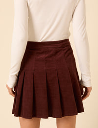 Brown Cord Pleated Mini Skirt