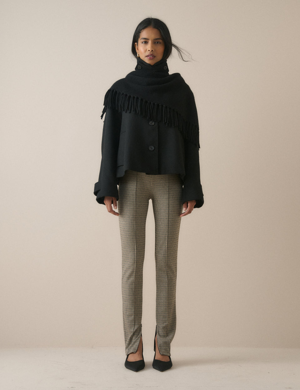 Beige herringbone check split hem leggings