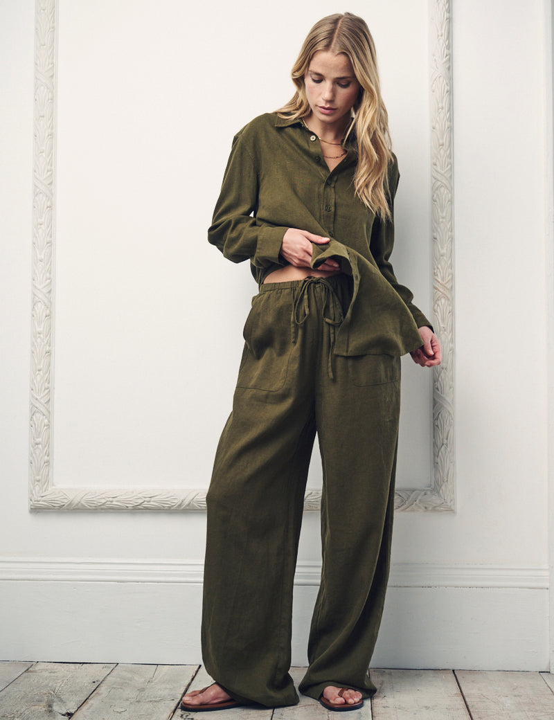 Green Linen-Blend Shona Trousers