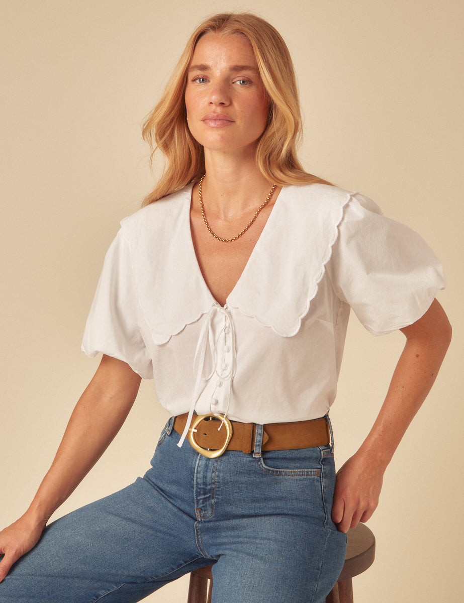 White Puff Sleeve Birdie Blouse - Main Image