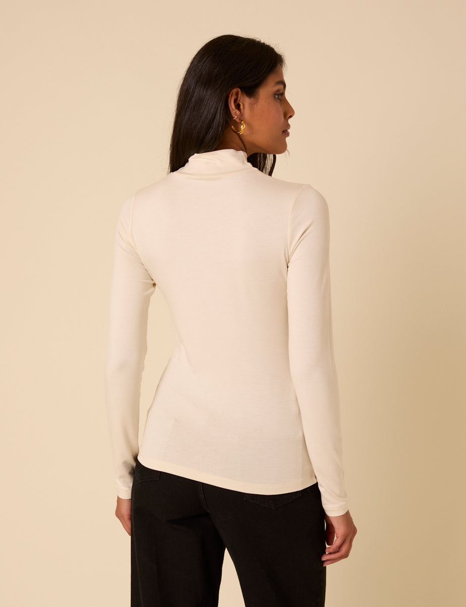 Cream Funnel Neck Long Sleeve Top