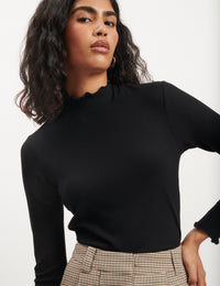 Black Ribbed Funnel Neck Long Sleeve Top