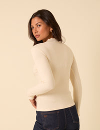Cream Ribbed Funnel Neck Long Sleeve Top