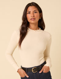 Cream Ribbed Funnel Neck Long Sleeve Top
