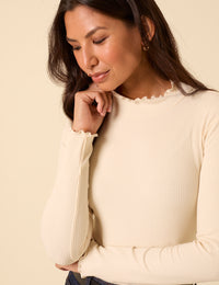 Cream Ribbed Funnel Neck Long Sleeve Top