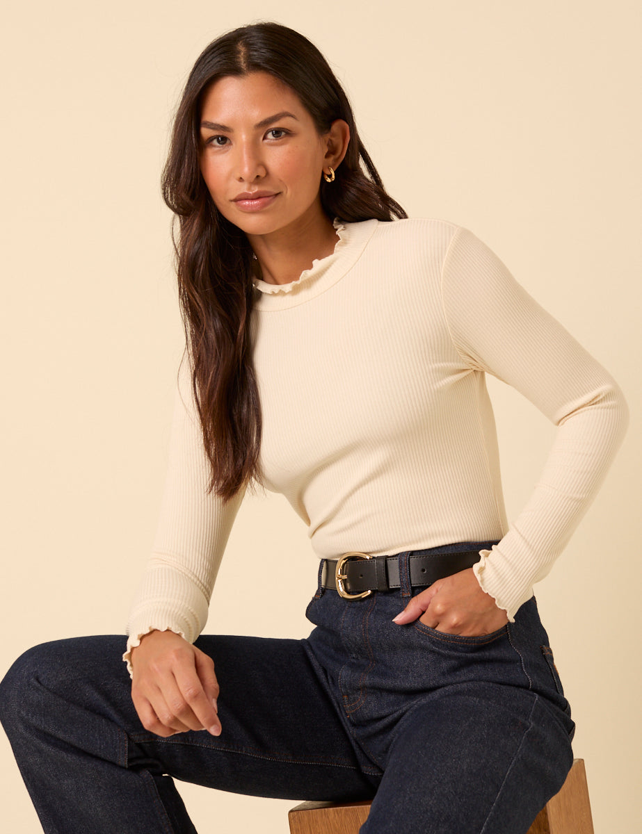 Cream Ribbed Funnel Neck Long Sleeve Top