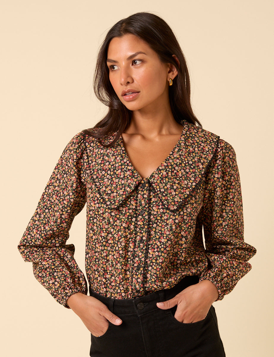 Black Ditsy Floral Peter Pan Collar Blouse
