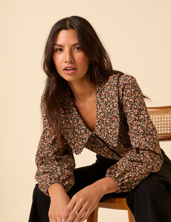 Black Ditsy Floral Peter Pan Collar Blouse