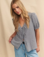 Black Gingham Tie Front Bernadetta Blouse