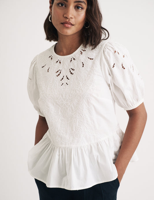 Peacock White Broderie Peplum Top New Look Daisy Embroidered Puff