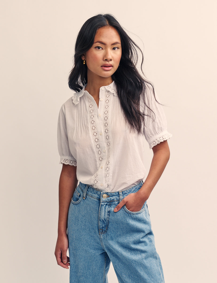 White Broderie Short Sleeve Blouse - Main Image