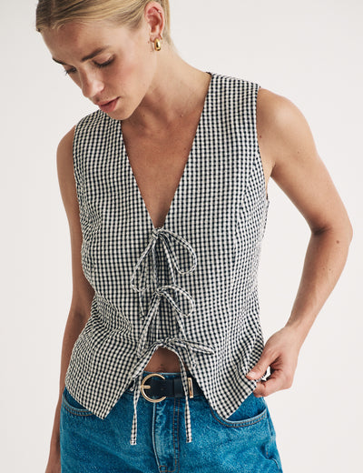 Black Gingham Tie Front Waistcoat