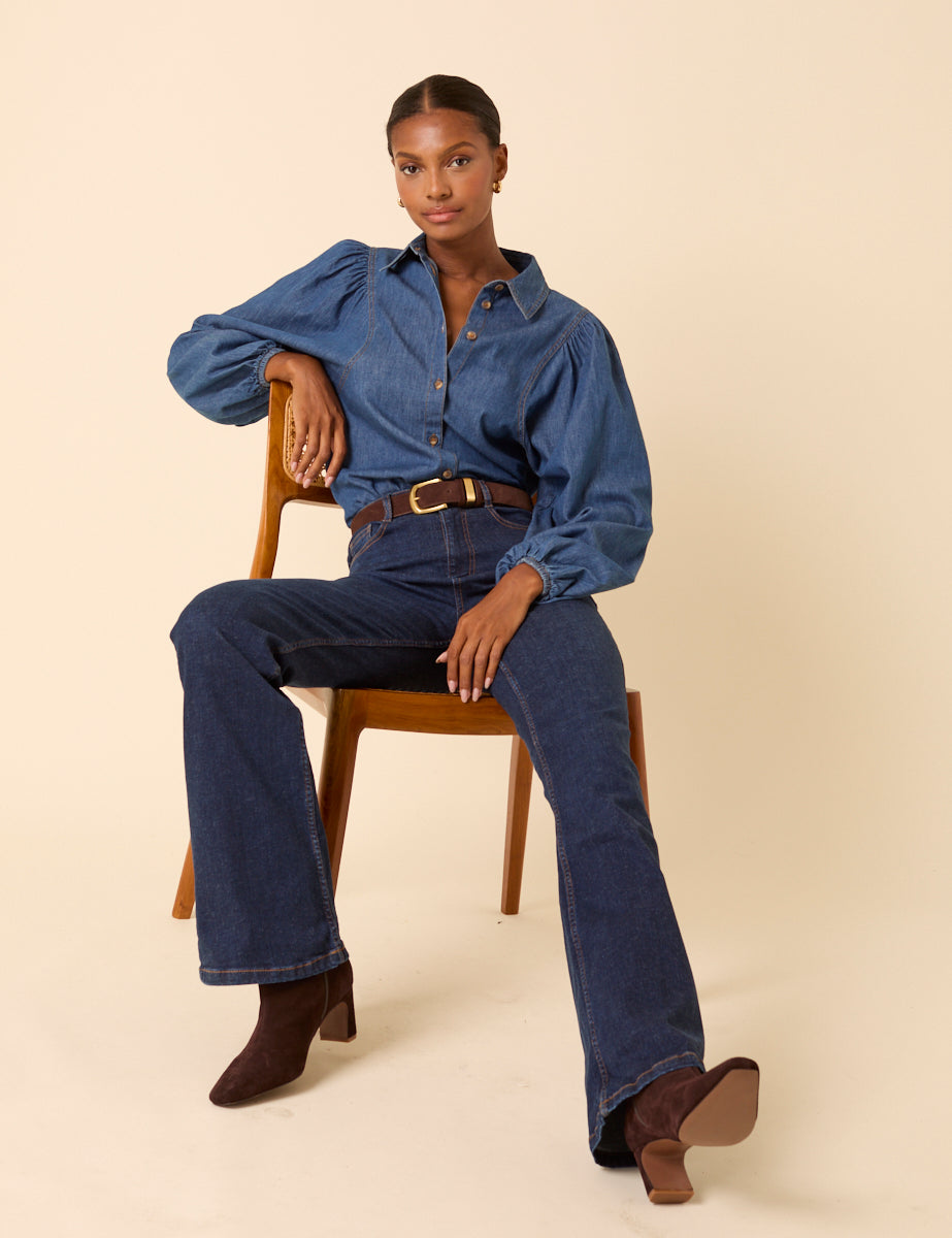 Blue Denim Balloon Sleeve Blouse