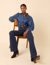 Blue Denim Balloon Sleeve Blouse