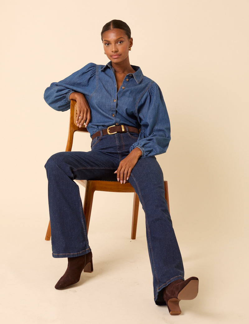 Blue Denim Balloon Sleeve Blouse
