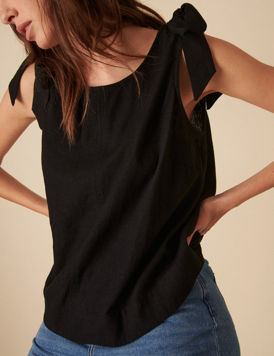 Secondary image of Black Linen-blend Tie Shoulder Swing Top