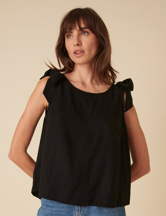 Image of Black Linen-blend Tie Shoulder Swing Top