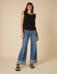 Black Linen-blend Tie Shoulder Swing Top