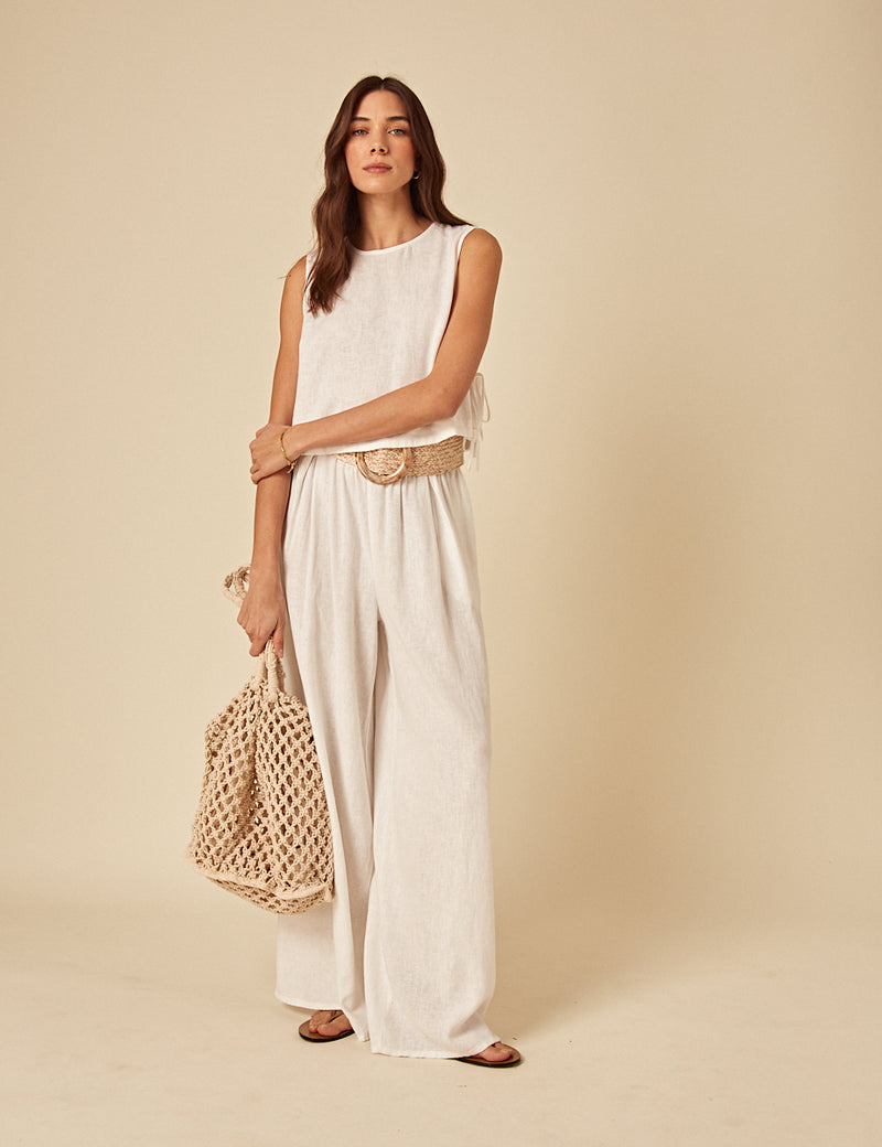 White Linen-Blend Swing Top