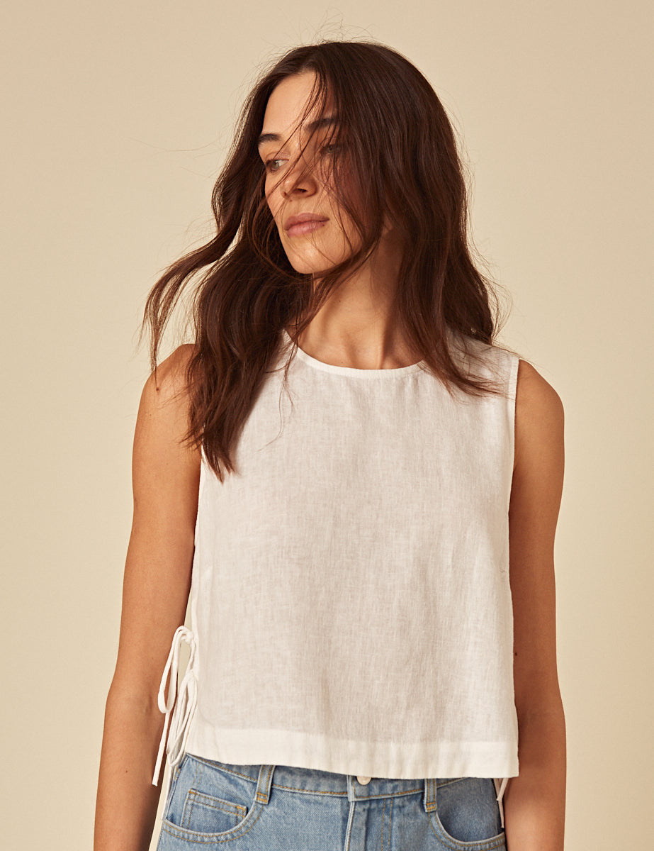 White Linen-Blend Swing Top with String Tie Detail | Nobody's Child